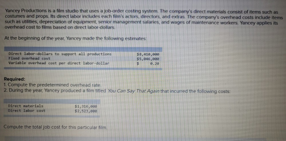 Yancey Productions is a film studio that uses a job-order costing system. The companys direct materials consist of items suc