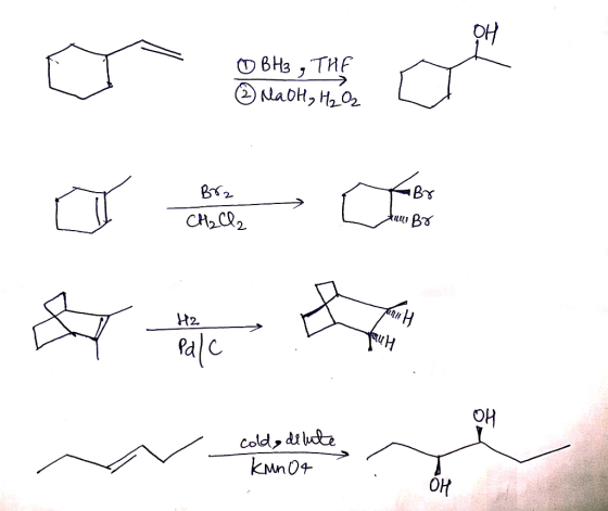 ФBHз , ТИЕ ③ NaOH, H₂O2 Вк, CH₂Cl2 stuur Bo OUH cold, dilute kinnot
