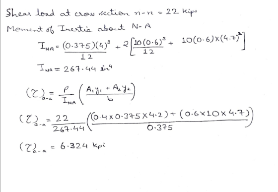 Shear load at cross section non 22 kips Moment of Inertia about N-A Ina = (0-375)(43* + 2(10(0-6)*+ 10(0-6)X(4.77] 12 INA = 2