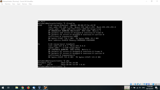 - X Metasploitable [Running] - Oracle VM VirtualBox File Machine View Input Devices Help No mail. msfadmin@metasploitable:$ i