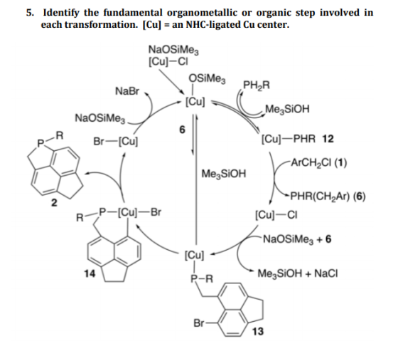 5. Identify the fundamental organometallic or organic step involved in each transformation. [Cu]an NHC-ligated Cu center NaOSiMe3 [Cu]-CI OSiMes PH2R - [Cu] NaBr Me3SiOH NaOSiMe 6 [Cu-PHR 12 ArCH2CI (1) Me3SiOH PHR(CH2Ar) (6) 2 [Cul-CI NaOSiMe3 +6 14 MegSiOH NaCl P-R Br 13