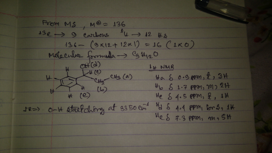 From MS Moa 136 t3e 9 carbons 4 12 48 136 (9x12 + 12x1) = 16 (tko) molecular foromilla Cg H120 od) 1# NMR Y CHz (a) Ha soogoo