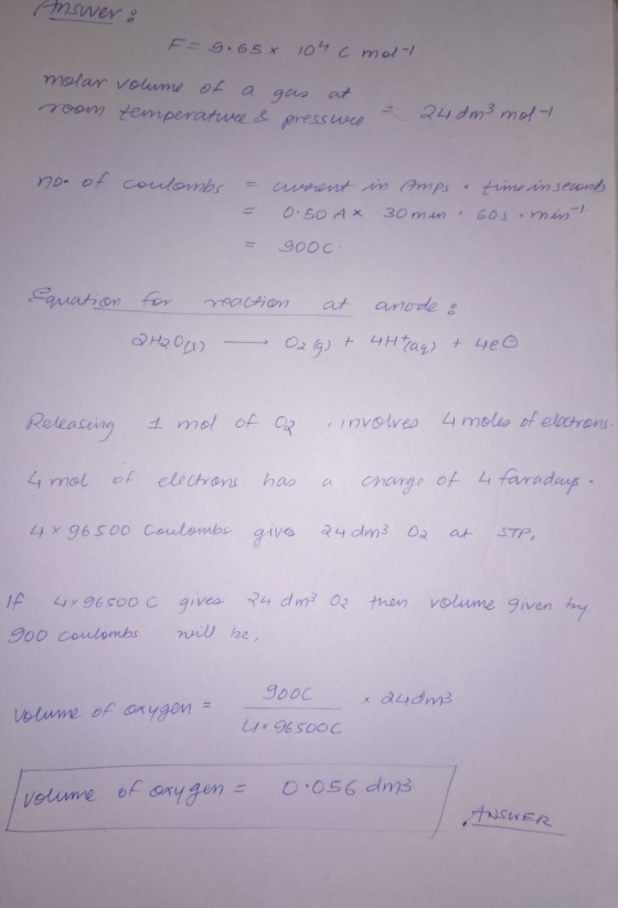 Answer : F = 9.65x 104 c molt molar volume of a gas at room temperature & presswce 24 dm3 mol/ no. of coulombs = = current in