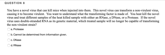 QUESTION 8 You have a novel virus that can kill mice when injected into them. This novel virus can transform a non-virulent v