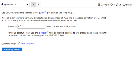 Question 13 > B0/10 pts 596 Detail Use ONLY the Standard Normal Tables (Link) to answer the following... A set of exam scores