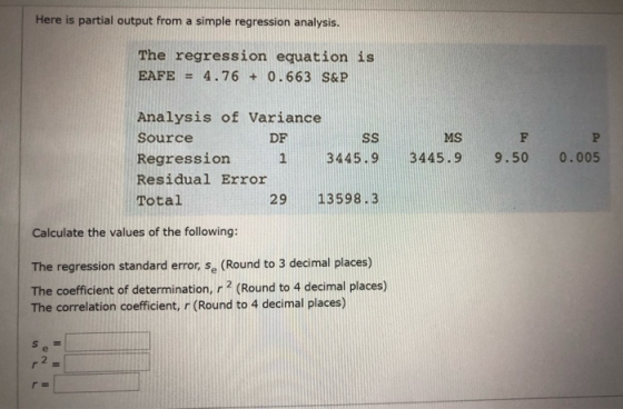 Here is partial output from a simple regression analysis. The regression equation is EAFE = 4.76 + 0.663 S&P MS Analysis of V