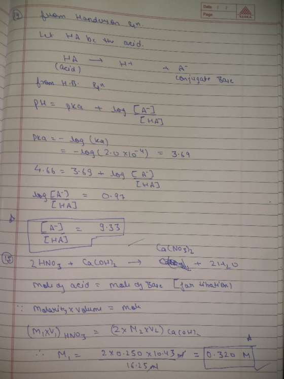 Date 11 Page from Let Handey on can. ha be the acid. A conjugate Base (acid) (acid) from HiB pH = pka &n. + log [a] [HA] pka