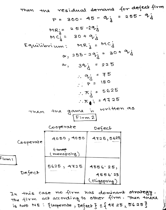 Then the residual demand for defect firm P = 300- 45 - qi - 255 - qs MR;= 255-298 mci = 30 + qs Equilibrium: MR j = MC j. ar