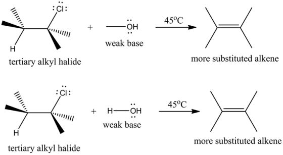 CI
45°C
OH
weak base
Н
more substituted alkene
tertiary alkyl halide
-
CI:
45°C
Н— ОН
weak base
Н
more substituted alkene
ter