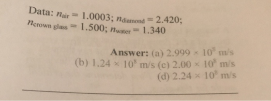 Data: nair=1.0003; ndiamond 2.420; 1.500; nwater 1.340 nerown glass Answer: (a) 2.999 10 m/s (b) 1.24x 10 m/s (c) 2.00x 10 m/