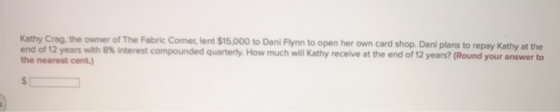 Kathy Crag, the owner of The Fabric Comer, lent $15,000 to Dani Flynn to open her own card shop. Dani plans to repay Kathy at