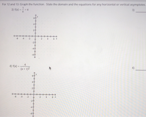 For 12 and 13: Graph the function. State the domain and the equations for any horizontal or vertical asymptotes. 3) f(x) 3) X