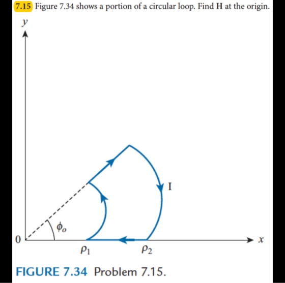 7.15 Figure 7.34 shows a portion of a circular loop. Find H at the origin. P P2 FIGURE 7.34 Problem 7.15.