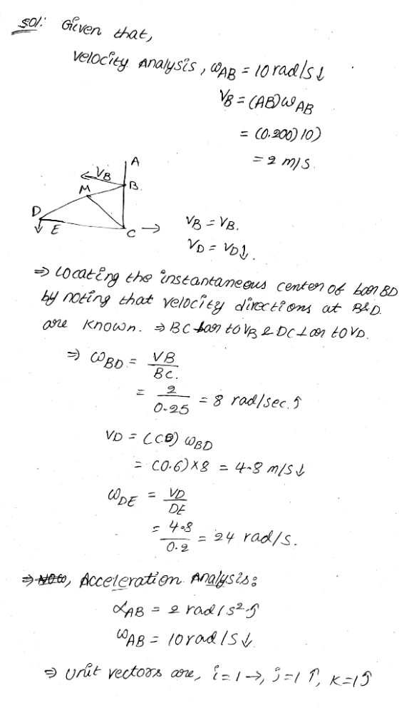 Sol: Given that, velocity. Analysis , WAB = 10 rad.si V8 = (ABW AB = (0,200) 10) = 2 m/s TE > VB = VB. : Vo = Vol. -> Locatin