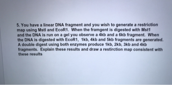 5. You have a linear DNA fragment and you wish to generate a restriction map using Mstl and EcoR1. When the framgent is diges