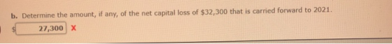 b. Determine the amount, if any, of the net capital loss of $32,300 that is carried forward to 2021. 27,300 X