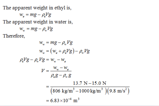 The apparent weight in ethyl is, The apparent weight in water is, Therefore, W-W 13.7 N-15.0 N (806 kg/m3 -1000kg/m3 )(9.8 m/