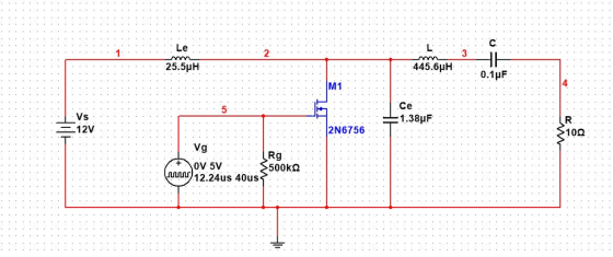 L: Le 2 445.6HH 25.5HH 0.1HF M1 1.38μF 10Ω 2N6756 12V Vg Rg 500kΩ 12.24us 40us