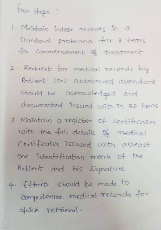 tour steps :- 1. Maintain indoor records in a Standard proforma for 3 years for commencement of treatment 2. Request for medi