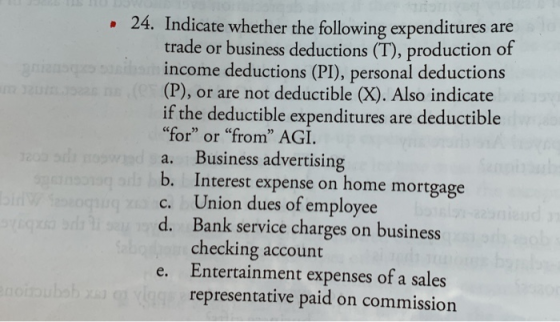 2005 24. Indicate whether the following expenditures are trade or business deductions (T), production of income deductions (P