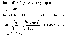The artifici al gravity for people is The rotati onal frequency of the wheel is 2 m/s-0.0497 rads 185 m 2.13 rpm