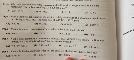 MULTIL HULI U vull a la volume UI U. JUUL. PQ-4. What solution volume is needed to prepare a 0.110 M solution of MgSO. using