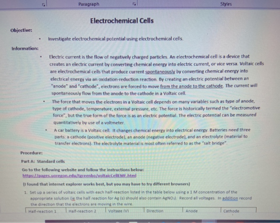 Paragraph Styles . . Electrochemical Cells Objective: Investigate electrochemical potential using electrochemical cells. Info