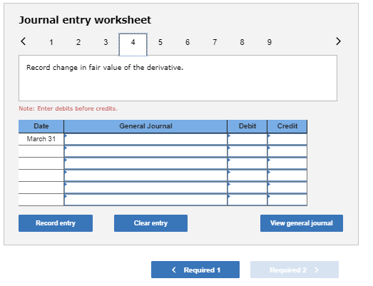 Journal entry worksheet < 1 2 3 Record change in fair value of the derivative. Note: Enter debits before credits Date General