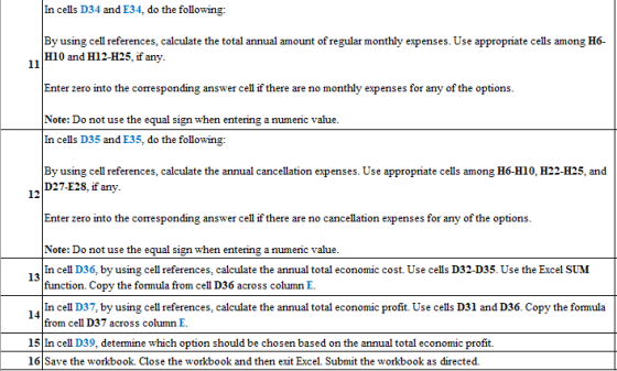 In cells D34 and E34, do the following: By using cell references, calculate the total annual amount of regular monthly expenses. Use appropriate cells among H10 and H12-H25, if any. H6- Enter zero into the corresponding answer cell if there are no monthly expenses for any of the options Note: Do not use the equal sign when entering a numeric value. In cells D35 and E35, do the following: By using cell references, calculate the annual cancellation expenses. Use appropriate cells among H6-H10, H22-H25, and D27-E28, if any. Enter zero into the corresponding answer cell if there are no cancellation expenses for any of the options. Note: Do not use the equal sign when entering a numeric value. In cell D36, by using cell references, calculate the annual total economic cost. Use cells D32-D35. Use the Excel SUM function. Copy the formula from cell D36 across column E In cell D37, by using cell references, calculate the annual total economic profit. Use cells D31 and D36. Copy the formula from cell D37 across column E. 13 L4 15In cell D39, determine which option should be chosen based on the annual total economic profift. 16 Save the workbook Close the workbook and then esit Excel. Submit the workbook as directed