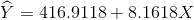\widehat{Y}=416.9118+8.1618X