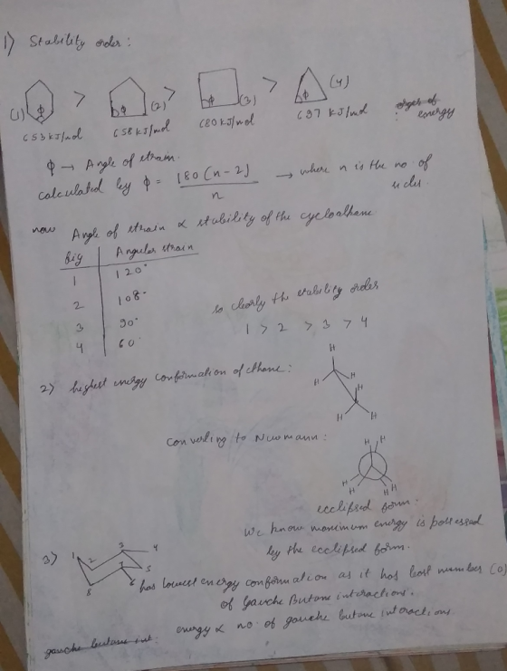 1) Stability order: Op 697 kJ/mol och of reger energy 653 kJ/mol 658 kilmol (80 kJ/mol & Angle of strain. calculated by p= 18