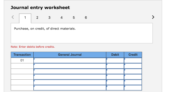 Journal entry worksheet 1 2 4 5 6 Purchase, on credit, of direct materials. Note: Enter debits before credits Transaction Gen