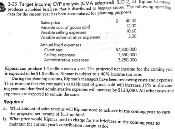 3-35 Target income; CVP analysis (CMA adapted) (LO 2, 3) Kipmar Company produces a molded briefcase that is distributed to lu