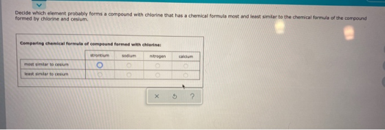 Decide which element probably forms a compound with chlorine that has a chemical formula most and least similar to the chemic