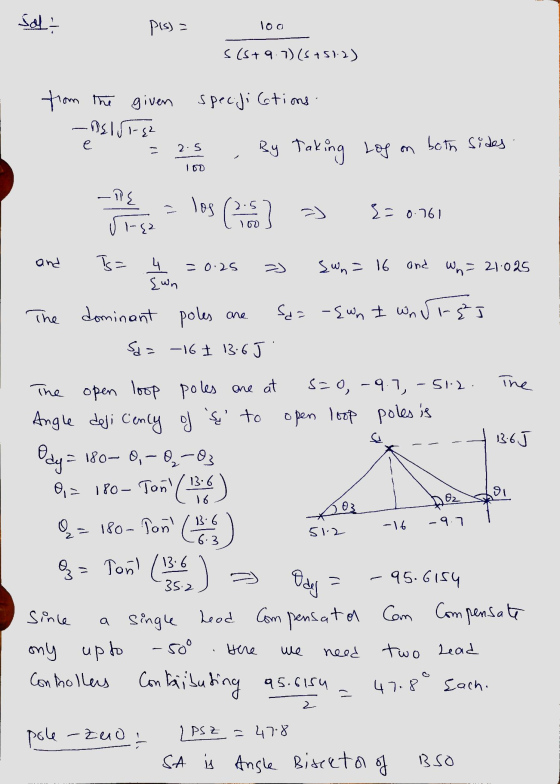 Sol? Pls) = loo s(s+ 9.7) (57512) 2 .5 from the given specifications - DIS-E2 e = 2.5 . By taking Log on both sides. These a