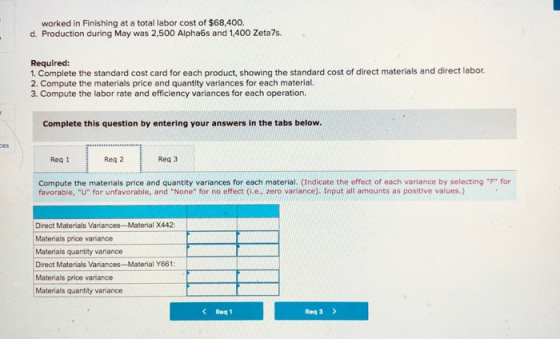 worked in Finishing at a total labor cost of $68,400 d. Production during May was 2,500 Alpha6s and 1,400 Zeta7s Required: 1.