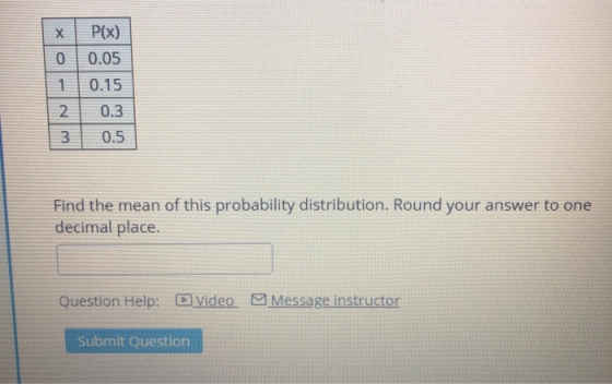 X 0 P(x) 0.05 0.15 0.3 1 2 3 0.5 Find the mean of this probability distribution. Round your answer to one decimal place. Ques