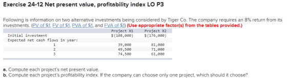 Exercise 24-12 Net present value, profitability index LO P3 Following is information on two alternative investments being con