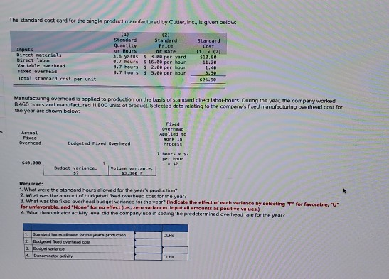 The standard cost card for the single product manufactured by Cutter, Inc., is given below or Rate Standard Standard Quantity