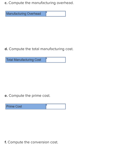 c. Compute the manufacturing overhead. Manufacturing Overhead d. Compute the total manufacturing cost. Total Manufacturing Co