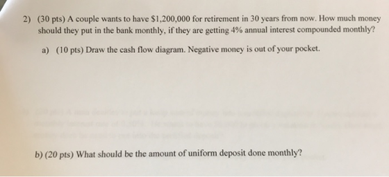2) (30 pts) A couple wants to have $1,200,000 for retirement in 30 years from now. How much money should they put in the bank
