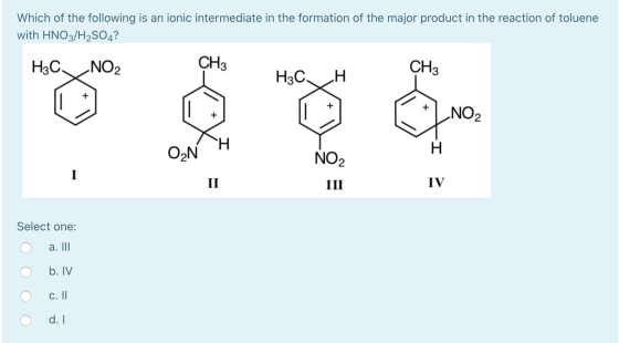 Which of the following is an ionic intermediate in the formation of the major product in the reaction of toluene with HNO3/H2