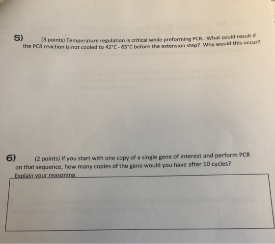 5) p points) Temperature regulation is critical while preforming PCR. What could resuit IT the PCR reaction is not cooled to