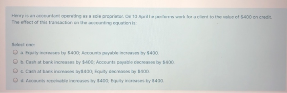 Henry is an accountant operating as a sole proprietor. On 10 April he performs work for a client to the value of $400 on cred