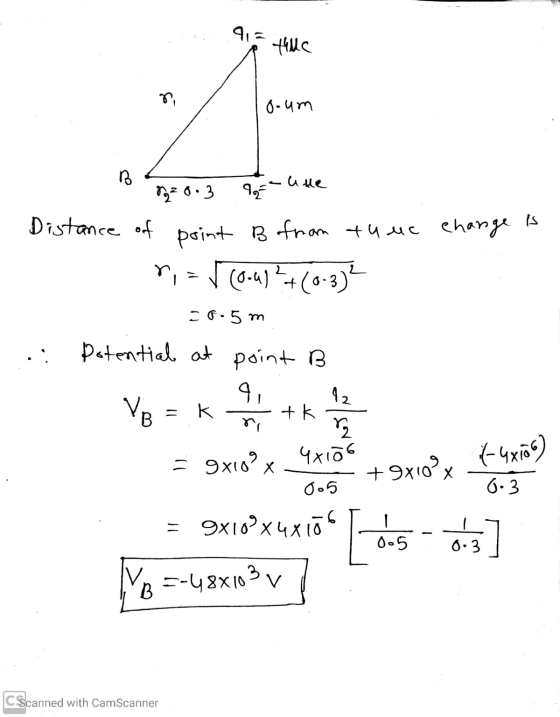 91= tille n o-um B ute 90 Ma 0:3 Distance of point B from thue change is ni - 5 coul?+(0-3) cr.5 m Potential at point B 9, VB