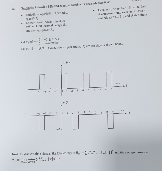 JU Q1. Sketch the following SIGNALS and determine for each whether it is: Periodic or aperiodic. If periodic, • Even, odd, or