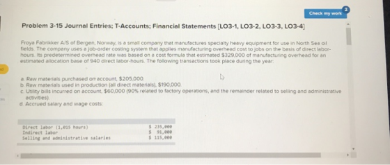 Check my work Problem 3-15 Journal Entries; T-Accounts; Financial Statements (LO3-1, LO3-2, LO3-3, LO3-4) Froya Fabrikker AS