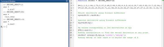 - Function secDer = SECOND DERIV (x) X=[1,1.2,1.44,1.73,2.07,2.49, 2.99, 3.58, 4.3,5.16,6.19,7.43, 8.92,10.7, 12.84,1 Y=[18.8