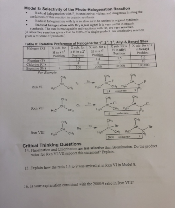 Model 8: Selectivity of the Photo-Halogenation Reaction Radical halogenation with Fis i olent and dangerous limiting the usef