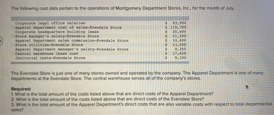 The following cost data pertain to the operations of Montgomery Department Stores, Inc., for the month of July. $ Corporate l